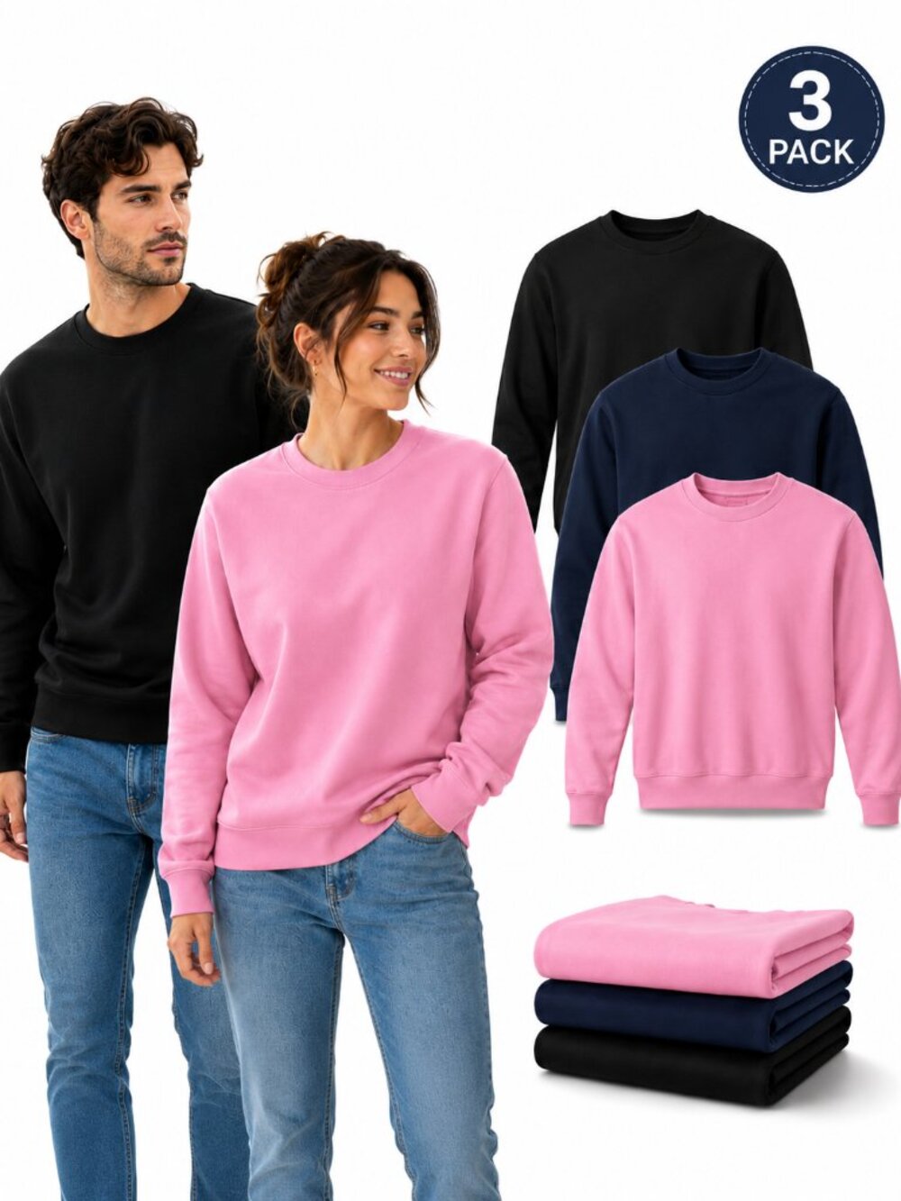 Hangout Unisex Plain Crewneck Sweatshirt Pack-3 Black Navy Pink Pullover S-3XL